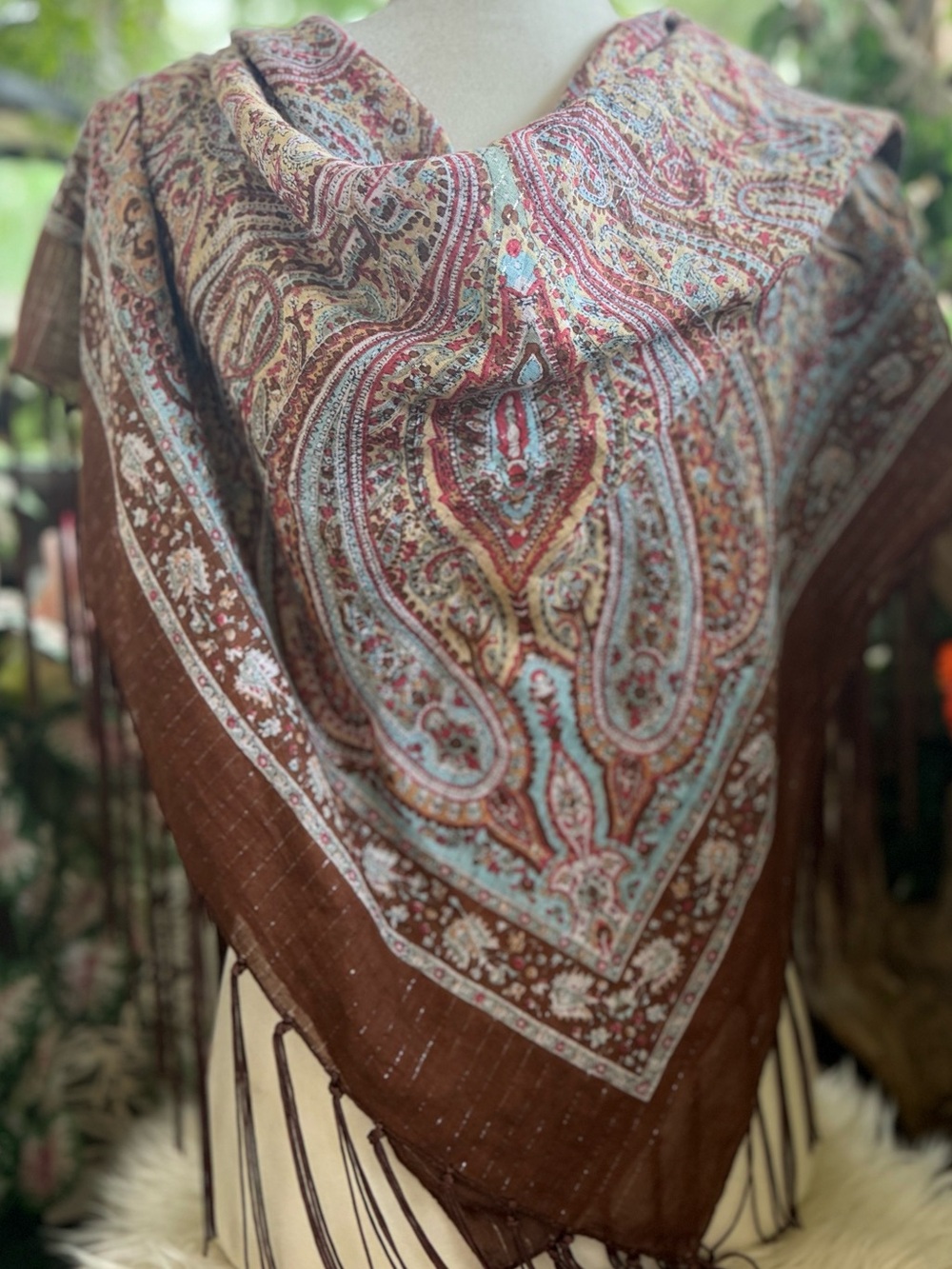 Vintage Boho Paisley Fringed Shawl Scarf in Brown and Teal
